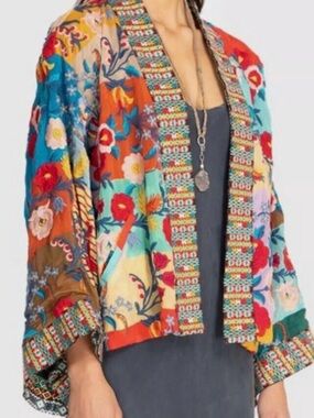 Johnny Was Embroidered Floral Multi-Color Kimono Cardigan - Reversible - medium